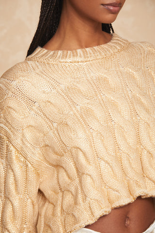 A woman wearing a gold Metallic Cropped Sweater by Noli Yoga, perfect for a fall wardrobe. The focus is on the upper torso and lower face, highlighting the intricate texture of the sweater. She has braided hair draped over her shoulder.