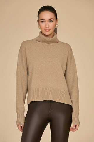 A person wearing a cafe-colored Gia Turtleneck Sweater and dark leather pants stands against a plain beige background. The individual has long, pulled-back hair and is looking directly at the camera.