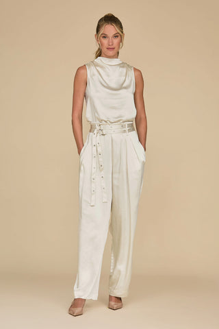 Kora Double Belted Satin Pant - Pearl