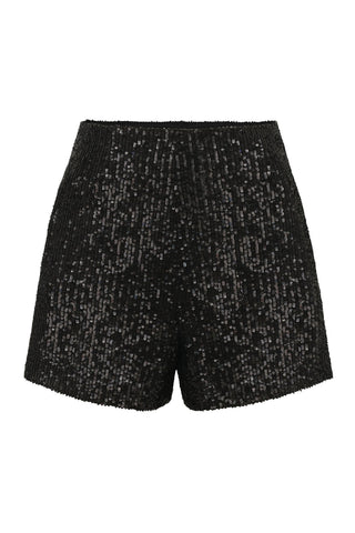 The Sequin Short - Black features an intricate shimmering pattern with a high-waisted design. These chic shorts offer a slightly flared cut for a sleek and stylish look, making them perfect for festive or evening occasions. Ideal for any special event, they add a touch of glamour to your outfit.