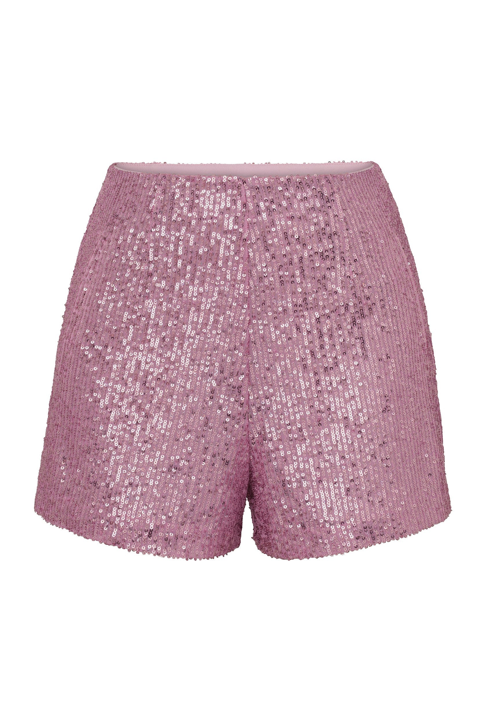 A pair of high-waisted, Sweet Pink Sequin Shorts covered in sequins, giving a shimmering and sparkly appearance. Perfect for a special event or as part of your favorite summer set, the shorts are tailored with a slightly flared leg and have a smooth waistband.