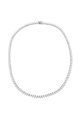 A delicate, sleek Three Prong Tennis Necklace by By Adina Eden crafted from sterling silver and adorned with small, evenly spaced, round-cut CZ stones. The necklace forms a continuous, elegant loop, showcasing a minimalist yet luxurious design. It is set against a plain white background.