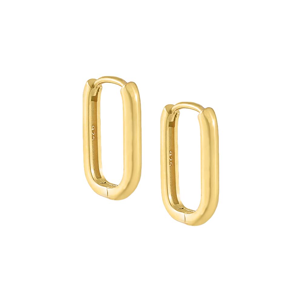 These Solid Oval Huggie Earrings by By Adina Eden are a pair of gold hoop earrings with rounded edges, featuring a polished, smooth surface and a hinge closure. Each earring is engraved with "925," indicating they are made of sterling silver with a gold-plated finish.
