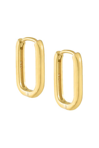 These Solid Oval Huggie Earrings by By Adina Eden are a pair of gold hoop earrings with rounded edges, featuring a polished, smooth surface and a hinge closure. Each earring is engraved with "925," indicating they are made of sterling silver with a gold-plated finish.