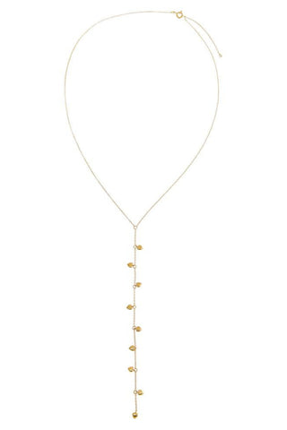 The Solid Puffy Hearts Lariat Necklace 14K by By Adina Eden is a delicate piece featuring an adjustable extender chain looped into a thin line that extends down. Tiny, evenly spaced gold beads adorn the vertical drop length, creating a simple yet elegant look, with the clasp visible at the top.