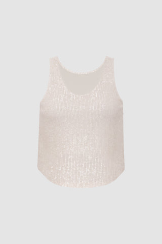 Discover the Sophia Sequin Tank - Pearl: a sleeveless beige beauty with a scoop neck and subtle shimmer. Its textured look is adorned with small sequins for a sparkle effect, while its cropped length offers a modern style against the light gray base.