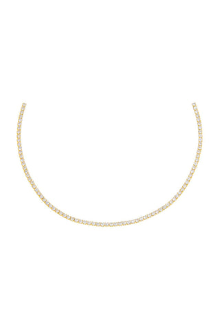 The Thin Tennis Choker by By Adina Eden is a gold plated sterling silver necklace featuring a continuous line of small, dazzling CZ stones. Displayed against a plain white background, its elegant and minimalist design is beautifully showcased.