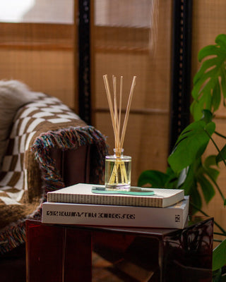 A small Fern + Moss Reed Diffuser by Brooklyn Candle Studio with reed sticks, exuding a botanical aroma of fern and moss, sits on top of two stacked books on a side table. A plant with broad leaves is nearby, and a draped blanket with fringes is visible in the background. The scene is warmly lit, giving a cozy and inviting atmosphere.