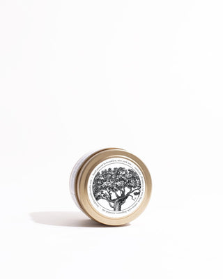 A round beige tin, containing the Palo Santo Gold Travel Candle by Brooklyn Candle Studio, with a lid displaying an illustration of a tree on top, is positioned on its side against a white background. The tin casts a shadow to the left and is well-lit from the right.