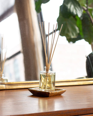 A glass Santal Reed Diffuser by Brooklyn Candle Studio with wooden sticks, filled with the soothing scent of Hinoki Cypress, sits on a small wooden tray on a wooden surface. In the background, a large mirror reflects the diffuser and a green potted plant with broad leaves, creating a cozy and fresh ambiance.